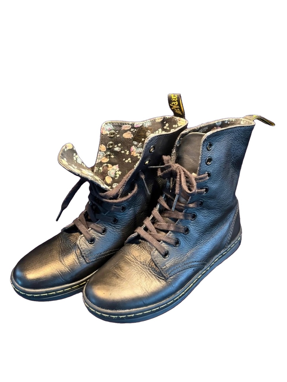 Dr. Martens Black Leather Combat Boots with Floral Lining